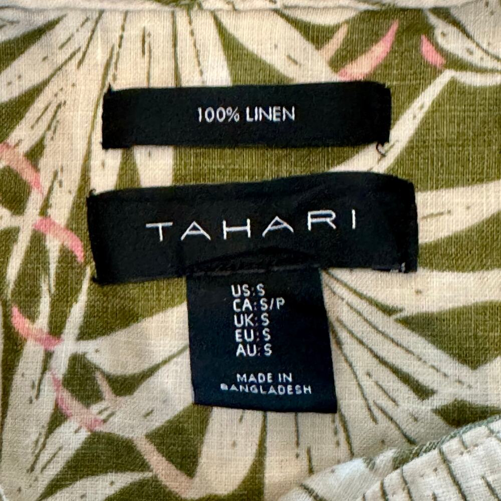 Tahari 100% Linen Sleeveless Blouse Green Floral Tropical Palm Womens small boho - Picture 3 of 7